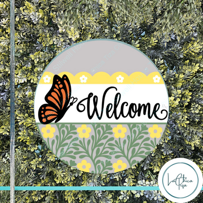 Butterfly Welcome  - Round  Wood Door Sign | Hanger | ChicaTiza