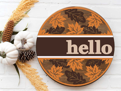 Hello Fall Leaves  -  - Round  Wood Door Sign | Hanger | ChicaTiza