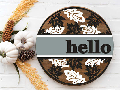 Hello Fall Leaves  -  - Round  Wood Door Sign | Hanger | ChicaTiza