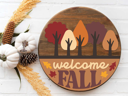 Welcome Fall Trees- Round  Wood Door Sign | Hanger | ChicaTiza