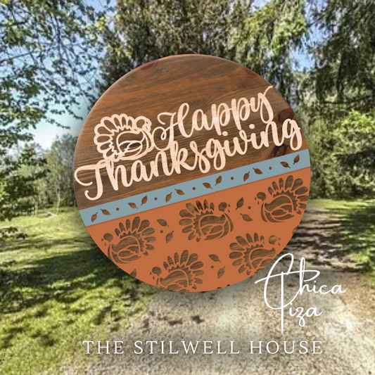 Happy Thanksgiving Turkey Cutout- Round  Wood Door Sign | Hanger | ChicaTiza