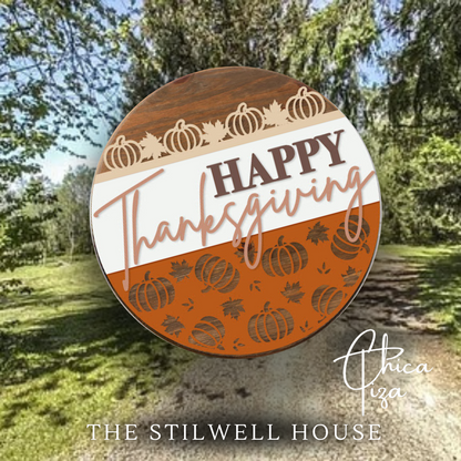 Happy Thanksgiving Pumpkin Cutout- Round  Wood Door Sign | Hanger | ChicaTiza