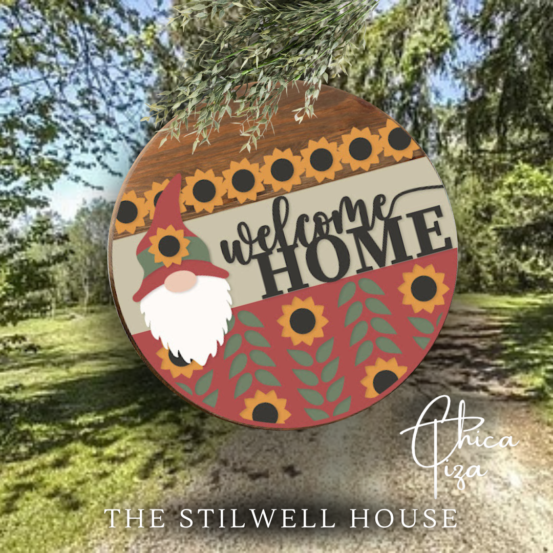 Gnome Sunflower Welcome Home - Round  Wood Door Sign | Hanger | ChicaTiza