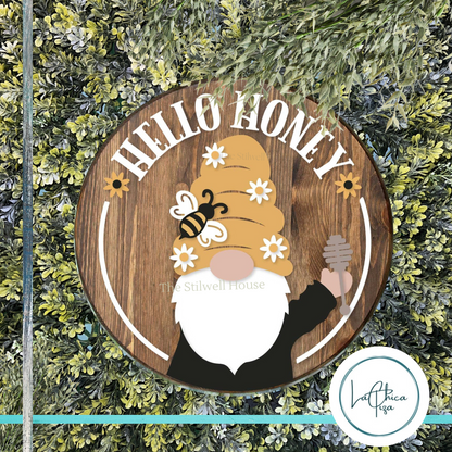 Hello Honey Beehive Gnome - Round  Wood Door Sign | Hanger | ChicaTiza