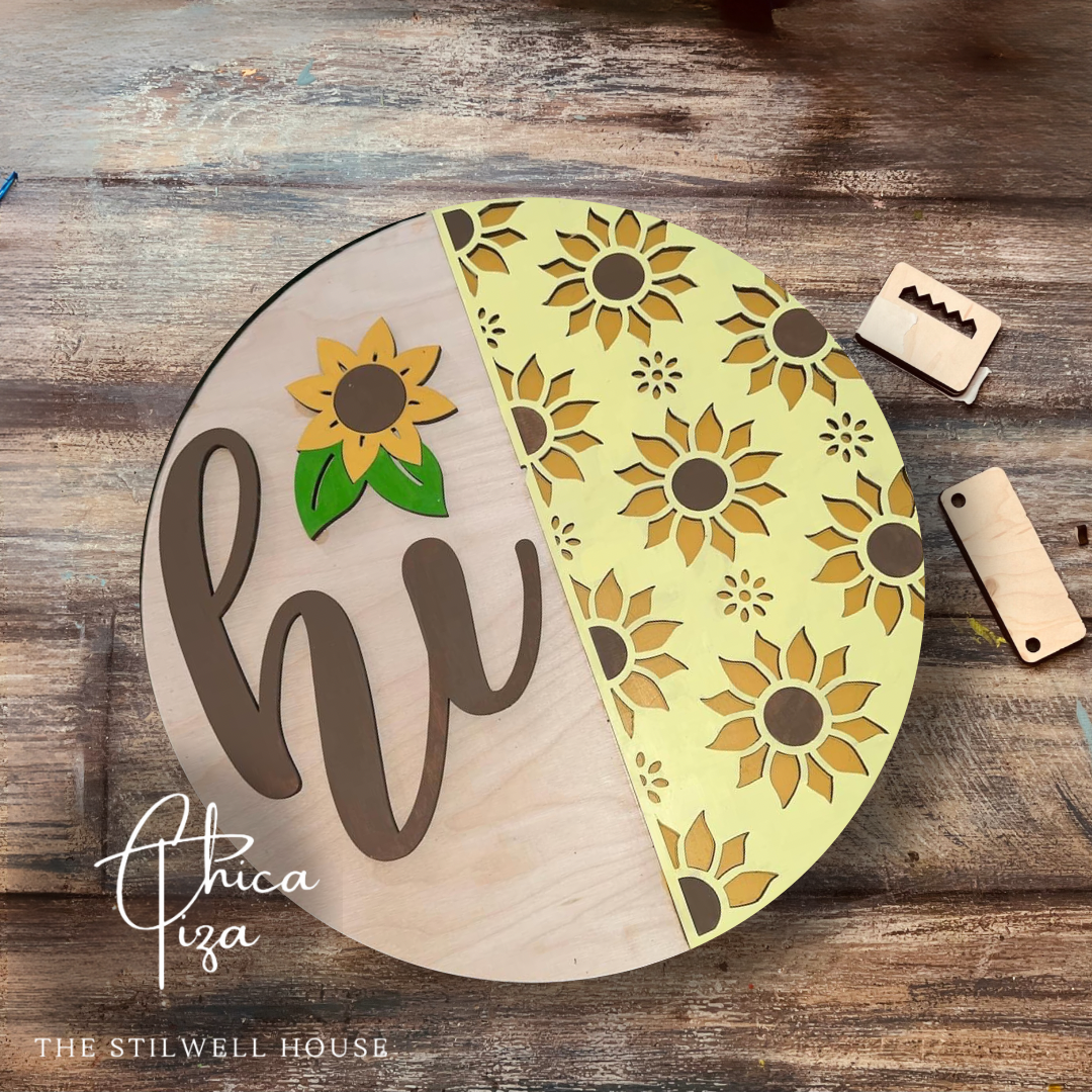 Hi Sunflower  - Round  Wood Door Sign | Hanger | ChicaTiza