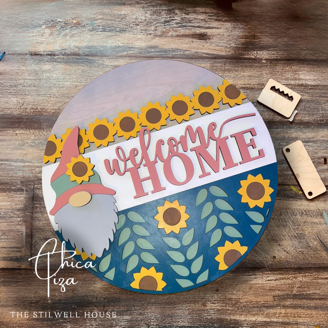 Gnome Sunflower Welcome Home - Round  Wood Door Sign | Hanger | ChicaTiza