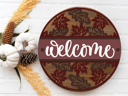 Hello Fall Leaves  -  - Round  Wood Door Sign | Hanger | ChicaTiza