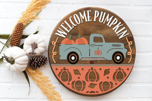 Pumpkin Truck  - Round  Wood Door Sign | Hanger | ChicaTiza