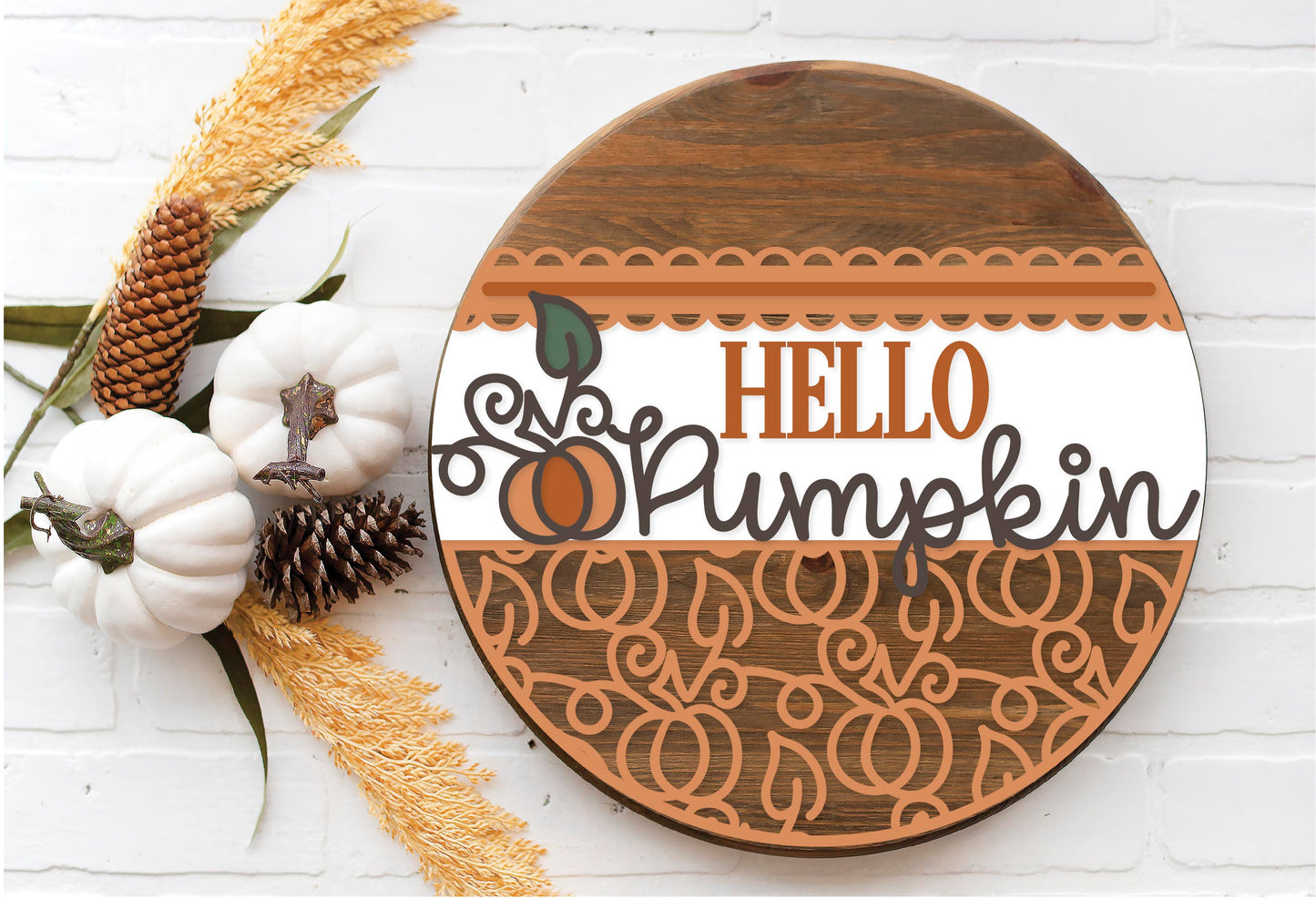 Swirly Hello Pumpkin 1  - Round  Wood Door Sign | Hanger | ChicaTiza
