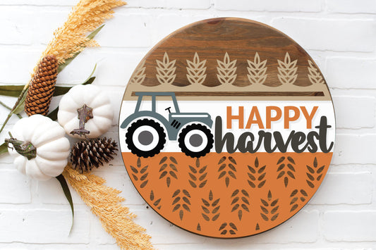 Tractor Happy Harvest Autumn - Round  Wood Door Sign | Hanger | ChicaTiza