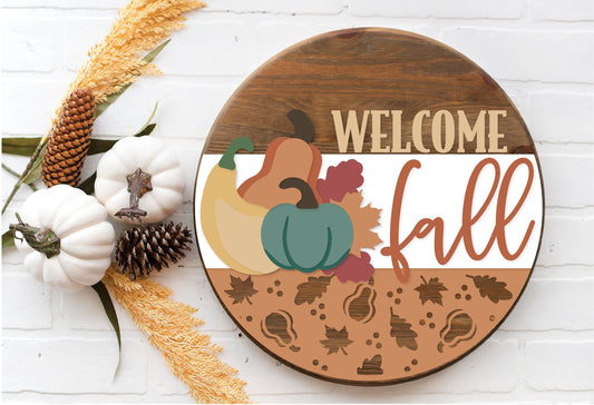 Welcome Fall Gourd  - Round  Wood Door Sign | Hanger | ChicaTiza