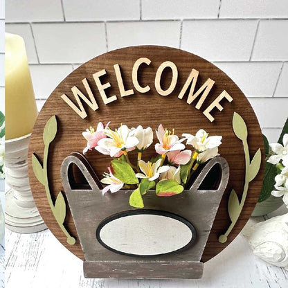 Welcome Floral Pail  - Round  Wood Door Sign | Hanger | ChicaTiza