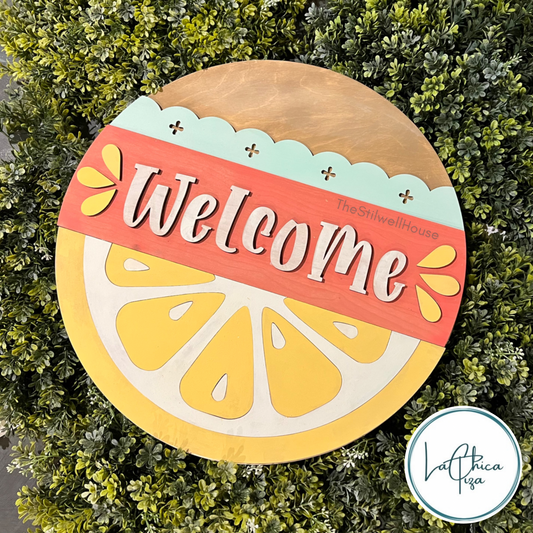 Welcome Lemon 22  - Round  Wood Door Sign | Hanger | ChicaTiza