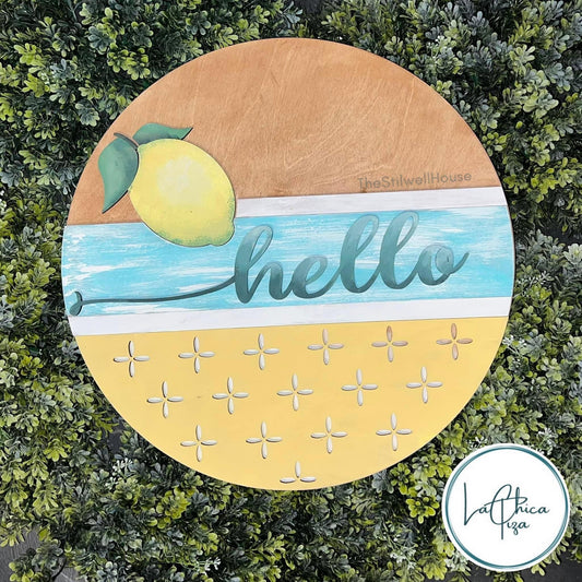 Lemon Hello  - Round  Wood Door Sign | Hanger | ChicaTiza